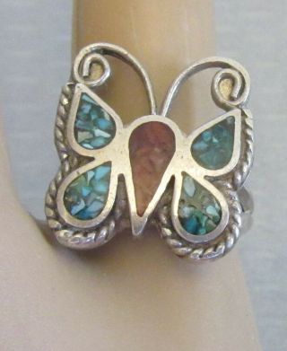 Vtg Southwest Tribal Sterling Silver Turquoise Coral Inlay Butterfly Ring Sz 4.  5