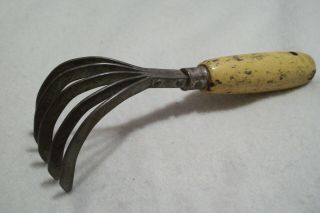 Vintage Gardening Hand Cultivator Tool - Yellow Wood Handle