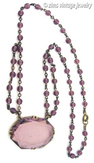 Vintage Art Deco Czech Brass Purple Glass Crystal Draped Pendant Drop Necklace