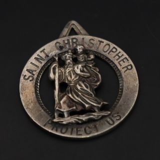 Vtg Sterling Silver - Saint Christopher Protect Us Catholic Medal Pendant - 4g