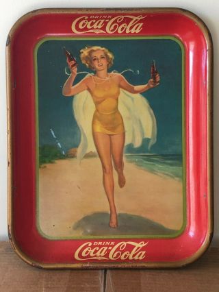 Vintage,  1937 Coca - Cola Serving Tray,  " Girl Running On Beach ",  Vg/vg,