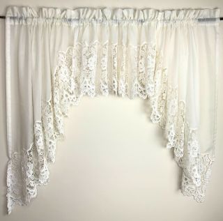 Vintage Ivory Floral Lace Trim Swags & Valance 3 Piece Sheer