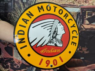 Old Vintage Indian Motorcycles Porcelain Advertising Gas & Oil Sign Bike Dealer