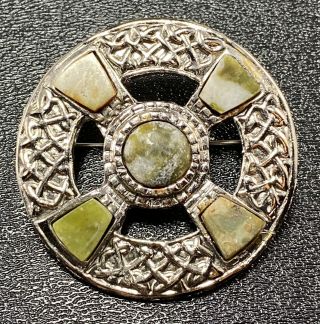 Vintage Celtic Revival Brooch Pin 1.  5” Polished Green Agate Natural Stone Lot1