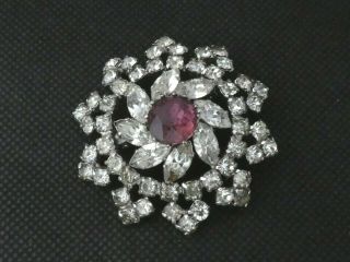 Vintage Silvertone Round & Marquise Shape Clear/purple Rhinestone Floral Brooch