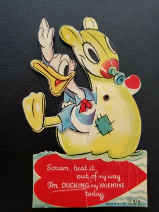 Vtg Valentine Greeting Card Diecut W.  D.  P.  1939 Disney Donald Duck Pool Floating