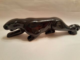 Vintage Ceramic Black Panther With Green Glass Eyes,  10 " Long,  Mcm