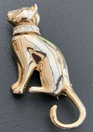 , Vintage Gold Tone Cat Brooch With Crystal Set Collar