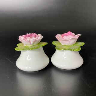 Vintage Aynsley Porcelain Salt Pepper Shakers Pink Rose Chrysanthymum Flowers 3