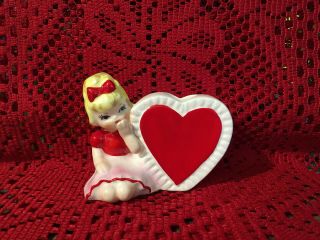 Vintage Lefton Valentine Girl Heart Figurine Ceramic Small Planter - Very Cute