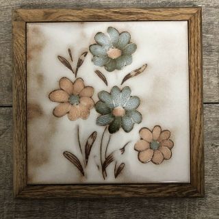 Vtg Tile Trivet Wood Frame Blue Tan Peach Floral Made In Italy