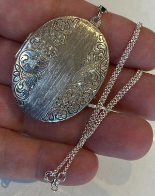 Xtra Large Vintage Sterling Silver Photo Locket Pendant Necklace Chain