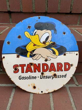 Old Vintage Walt Disney Donald Duck Porcelain Sign Gas Oil Standard Pump Plate