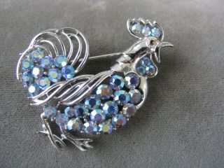 Vintage Silvertone Rooster With Blue Aurora Borealis Crystals Brooch Pin