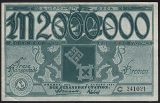 1923 2 Million Mark Bremen Germany Old Vintage Emergency Paper Money Banknote Xf