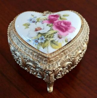Vintage Sankyo Heart Music Jewelry Trinket Box Roses Porcelain & Metal Japan
