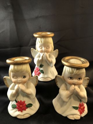 Vintage Mcm Christmas Angel Bells Figurines Set Of 3 Holly Taiwan - R.  O.  C.