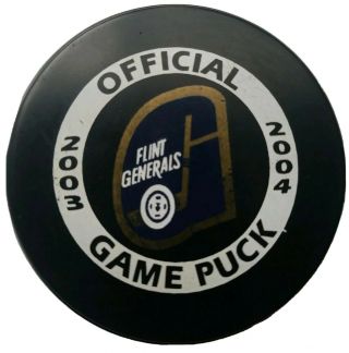 2003 - 2004 Flint Generals Vintage Official Game Puck Made In Canada Uhl,  Ad