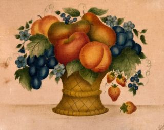 Vintage Folk Art Theorem Painting Fruit Basket Still Life,  Unframed Signed,  Dtd