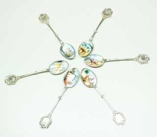 Vtg Set Of 6 Collector Spoons Tripoli Lebanon Hand Painted Enamel On Silver 4.  5 "