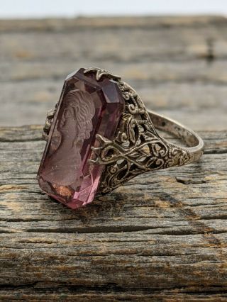 Vintage Sterling Silver Amethyst Carved Intaglio Cameo Filigree Ring Size 6.  75