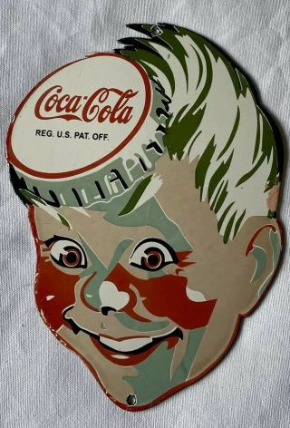 Vintage Coke Coca - Cola 11” Sprite Boy Porcelain Sign Car Truck Oil Gas Gasoline