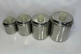 Vintage Revere Ware 1801 Stainless Steel Complete Canister Set Of 4 Clear Knobs