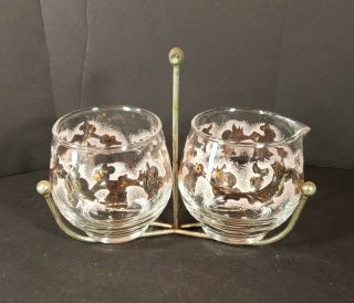 Vintage Libbey Sugar And Creamer Set Glass With Metal Caddy Holder Pink Gold