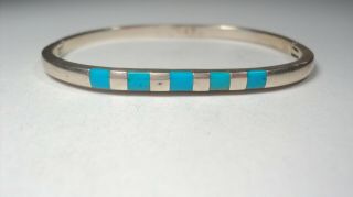 Vintage Taxco 925 Sterling Silver Turquoise Inlay Hinged Bangle Bracelet