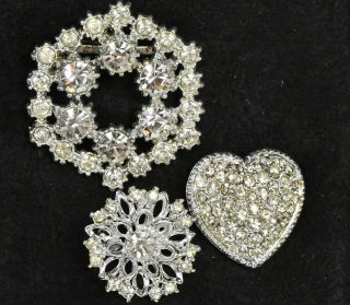 Rhinestone Brooch Pin Set Of 3 - Vintage Heart Snowflake Hexagon