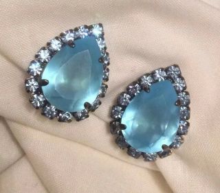 Vintage Art Deco Style Sky Blue Marquise Glass/aqua Crystals Clip - On Earrings