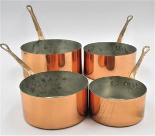 Vintage French Set 4 Copper Saucepans Metaux Ouvrés Vesoul Tin Lined