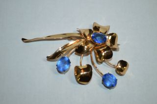 Vintage Jordan Gold Over Sterling Silver And Blue Gemstone Floral Brooch