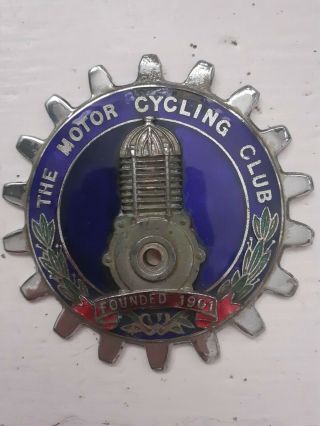The Motor Cycling Club Founded 1901 Motorcycle Enamel Vintage Car Badge Emblem
