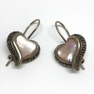 Vintage Sterling Silver 925 A Marcasite Pink Mother Of Pearl Heart Drop Earrings