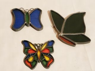 Set Of 3 Vintage Stained Glass & Style Butterfly Window Hanging Suncatchers