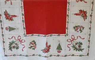 Vintage Mid Century Cotton Blend Tablecloth Christmas White Red Green Red Center