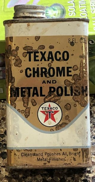 Vintage 8oz Gold Texaco Chrome & Metal Polish Tin Can Motor Oil Gas Station Empt