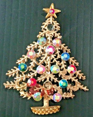 Vintage Colorful Rhinestone Christmas Tree Brooch Pin Gold Tone