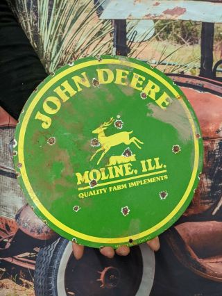 Old Vintage John Deere Gasoline Motor Oil Porcelain Gas Pump Farm Tractor Sign