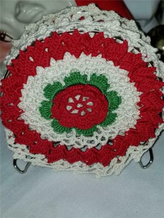 2 Vtg Crocheted Red Green White Doilies Metal Stand Christmas Card Napkin Holder