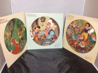 3 Vintage Disney Picture Discs Lp Fox & The Hound,  Snowwhite And Pinocchio Ds17