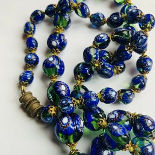 Vintage Murano Millefiori Blue Green Venetian Glass Bead Necklace Knotted 28 "
