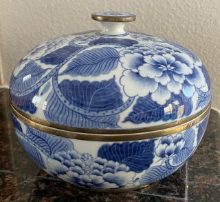 Chinese Porcelain Covered Serving Bowl Dish Blue & White Asian Vintage,  8” Round