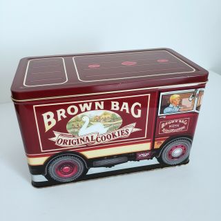 Vtg Brown Bag Cookie Art Ad Tin Litho Box Storage Cannister Truck England 1990s