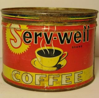 Old Vintage 1950s SERV - WELL COFFEE TIN ONE POUND GRAPHIC TIN FARGO NORTH DAKOTA 2