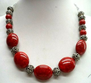 Stunning Vintage Estate Silver Tone Red Bead Flower 18 " Necklace 6369d