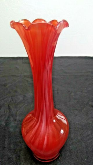 Vintage Red White Swirl Art Glass Bud Vase 9” With Ruffle Top Some Orange Hues