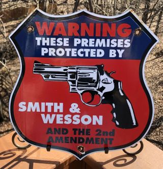 Vintage Porcelain Warning Protected By Smith Wesson Sign