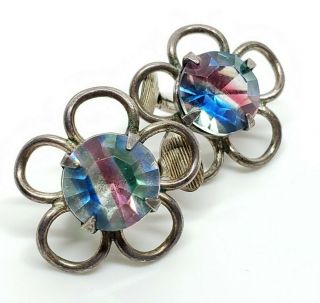 Vintage Signed 835 Fine Silver Faceted Iris Glass Gemstone Floral Clip Earrings